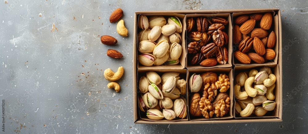 Poster Assorted nuts displayed in a paper box on a table backdrop Close up view with copy space image for walnut pistachios almonds hazelnuts and cashews