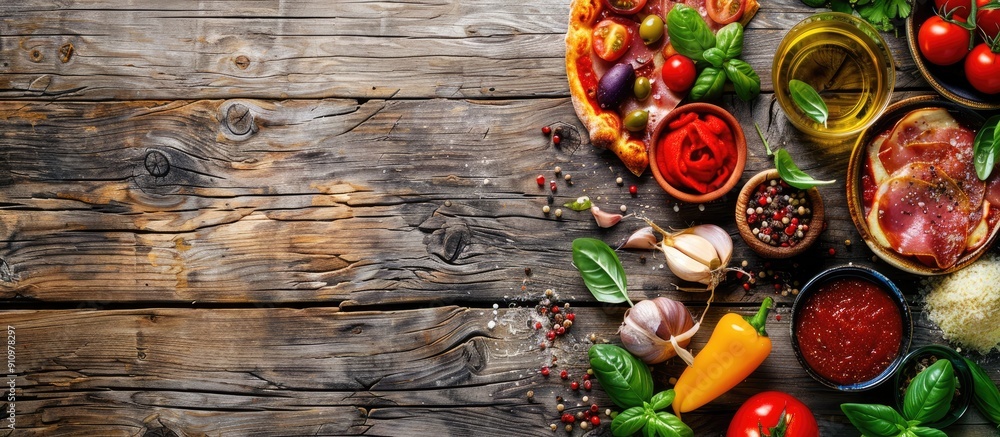 Poster top view of italian pizza ingredients on rustic wooden background ideal for text perfect copy space 