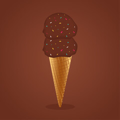 Chocolate cone ice cream with colorful sprinkels vector illustration.