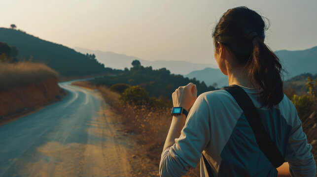 A woman in athletic attire takes a moment to check her smartwatch while running down a scenic, winding road in the early morning.