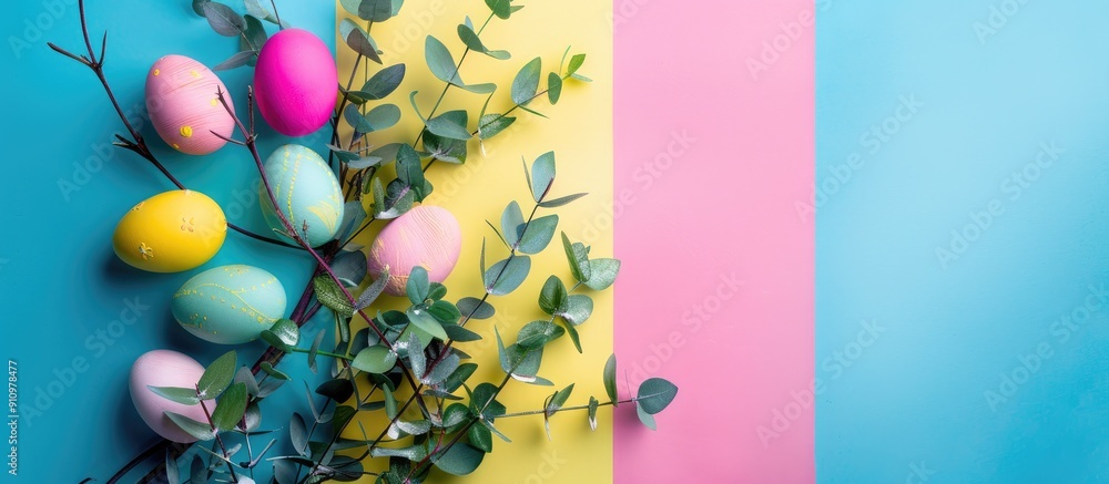 Aufkleber Easter themed arrangement with colorful eggs and eucalyptus branches on a bright backdrop ideal for copy space image