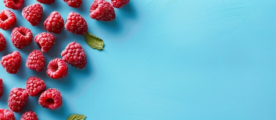 View from above on a light blue table background with fresh red raspberries creating a pastel color scheme featuring a close up arrangement with a top view for a copy space image