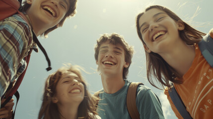 Obraz premium Group of teenagers laughing and enjoying a sunny day outdoors, capturing the essence of youthful joy and friendship.