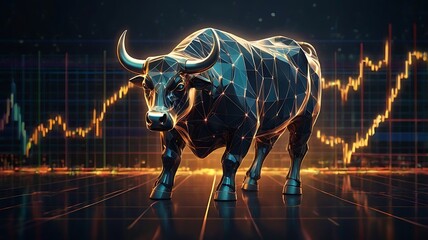 Stock market illustration of bull market, growth in net worth of market in a bullish asset market, trading up worth graph, golden bull on blue background