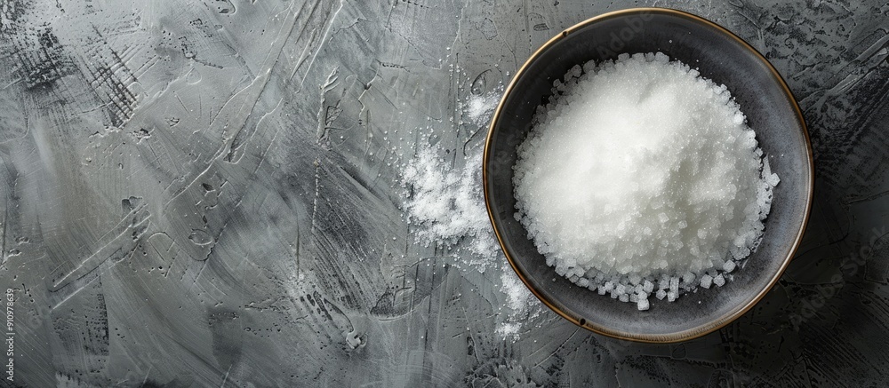 Poster Top view of a bowl with granulated sugar on a textured grey table providing ample space for text in the image