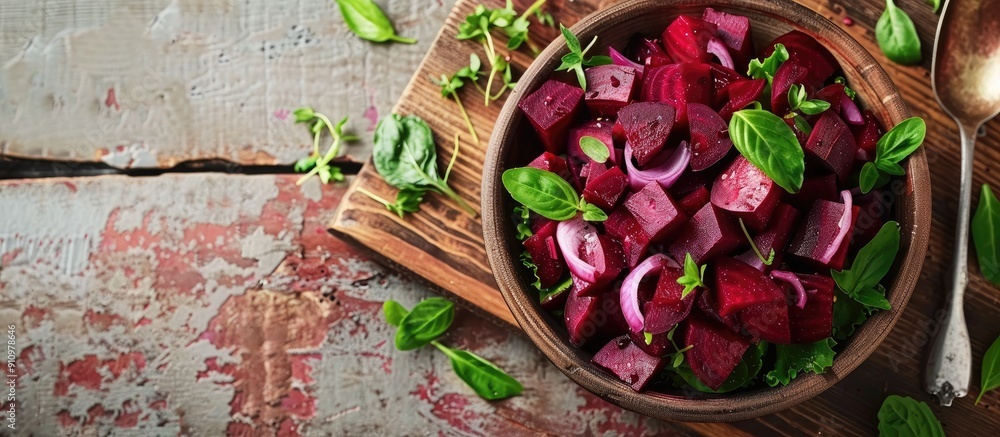 Aufkleber Healthy beet salad on a rustic table with copy space image of fresh vegetables for a balanced diet and snack option