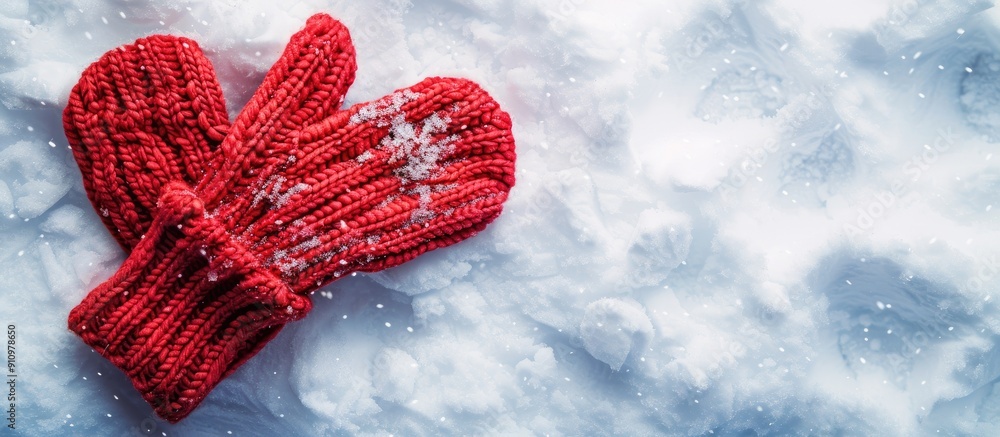 Poster Red mittens lay on snow in a snowy background with copy space image