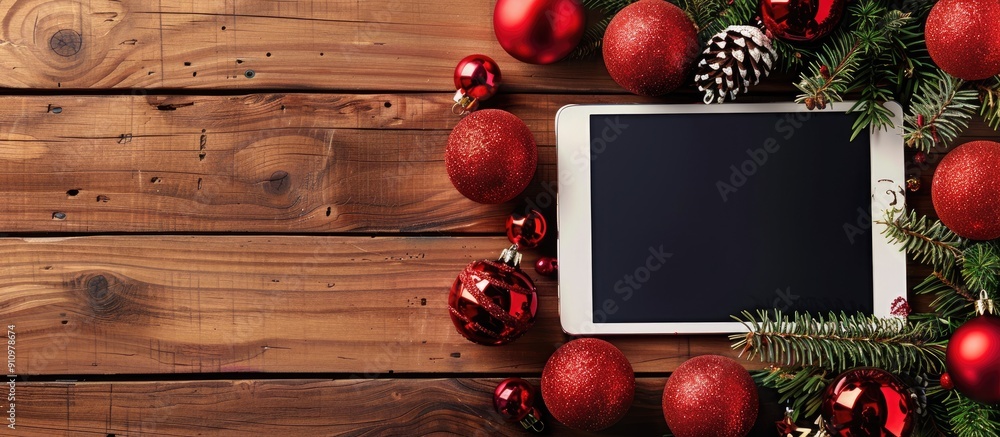Poster festive background with christmas decorations on wooden backdrop includes digital tablet with copy s