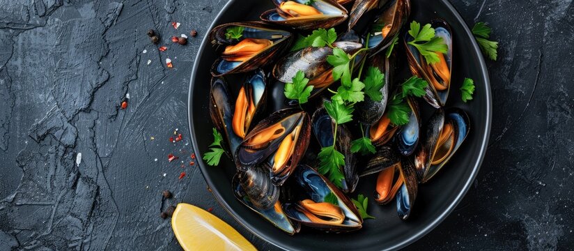Top view of mussels cooked in wine with parsley and lemon on a plate creating a seafood themed copy space image