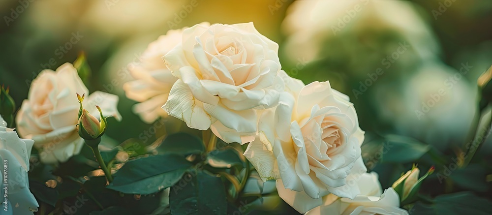 Poster a detailed close up of white roses blooming in a summer garden creating a picturesque nature backgro