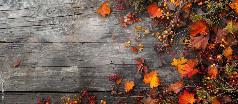 Poster fall foliage on a wooden backdrop with ample copy space image