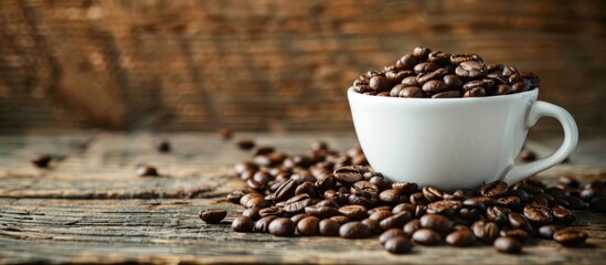 Selective focus on a cup of coffee beans against a wooden backdrop showing a cropped segment with ample copy space image