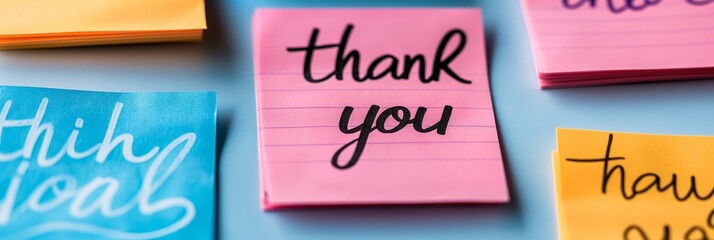 A pink Post-it note with a 'thank you' message written in bold black ink, standing out among other colorful notes, conveying simple gratitude.
