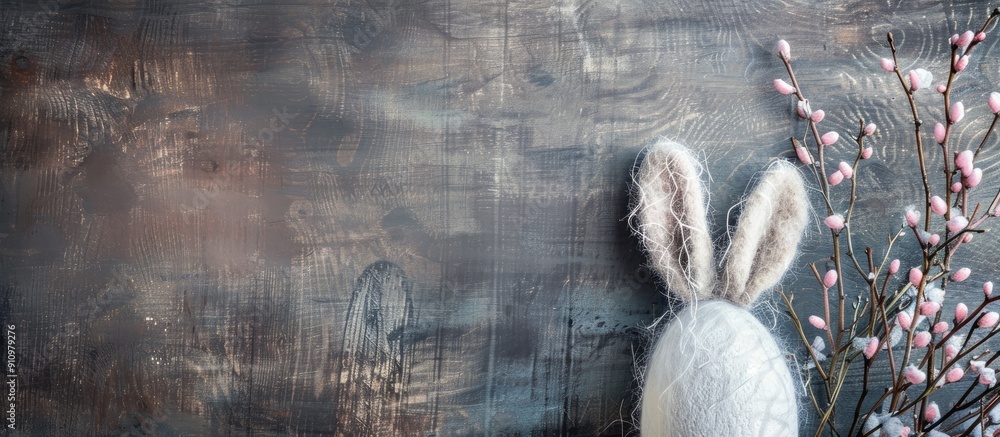 Poster Copy space image featuring a rustic background with a white egg and bunny ears perfect for Easter celebrations