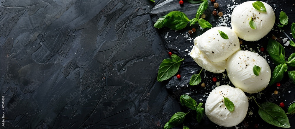 Poster Italian mozzarella cheese displayed on a dark stone table background from a top down perspective featuring ample copy space for text in the image