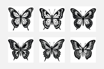 Detailed butterfly silhouette white background artwork set
