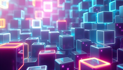 A futuristic abstract background showcasing a grid of neon-colored cubes with glowing edges, creating a high-tech, digital ambiance.
