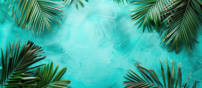A serene summer themed composition featuring lush palm leaves against a vibrant turquoise backdrop inviting text placement This top down arrangement exudes a chic simple aesthetic