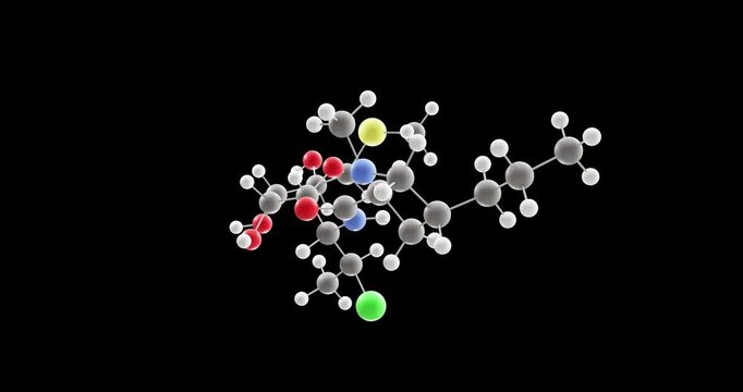Clindamycin molecule, rotating 3D model of antibiotic, looped video on a black background