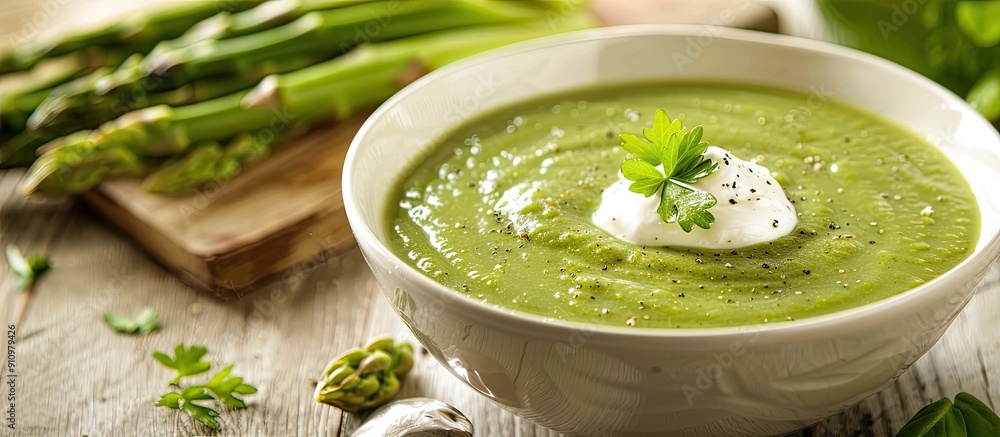 Aufkleber Creamy asparagus soup garnished with a dollop of sour cream in a bowl with a blank space for an image. copy space available