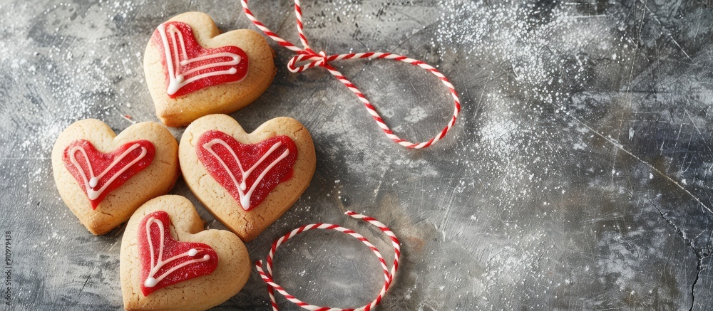 Aufkleber Heart shaped cookies with red and white twine decorations for the holidays on a background with empty space for writing like a banner. copy space available