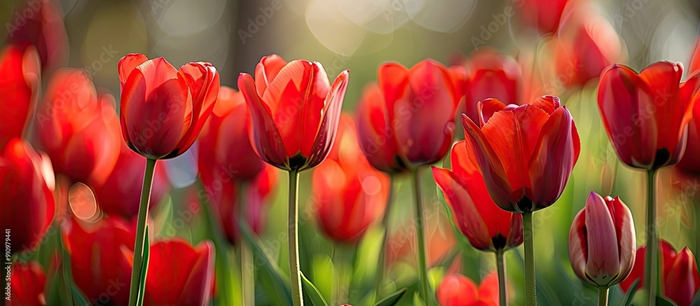 Poster A scenic banner depicts a vibrant red tulip field in full bloom during springtime with ample copy space for text or images