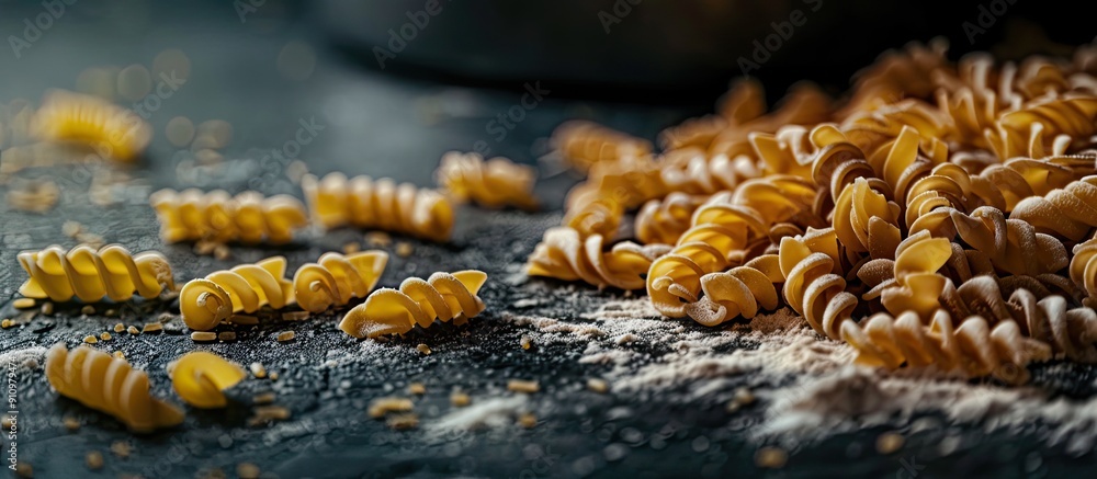 Poster a dark table showcasing dried pasta with a copy space image available