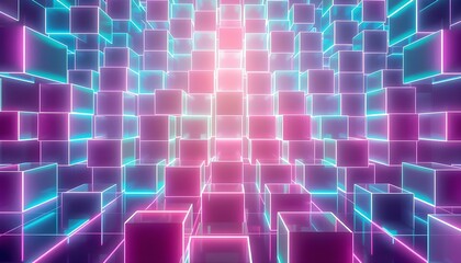 Obraz premium A futuristic abstract background showcasing a grid of neon-colored cubes with glowing edges, creating a high-tech, digital ambiance.