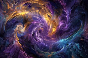 Obraz premium abstract digital fractal artwork resembling a cosmic explosion swirling patterns of vibrant colors purples blues and golds create a sense of depth and movement against a dark background