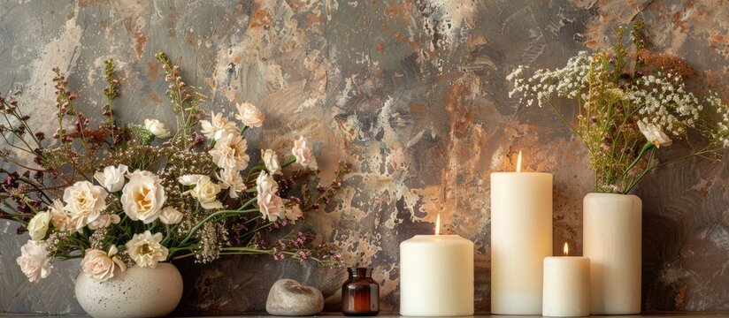 Decorative harmony with flowers candles and a blank copy space image creates a spa ambiance