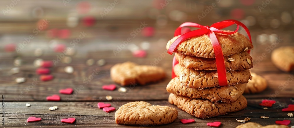 Poster Valentine s Day background featuring a stack of heart shaped oat cookies bound with a red ribbon placed on a wooden table with room for a copy space image