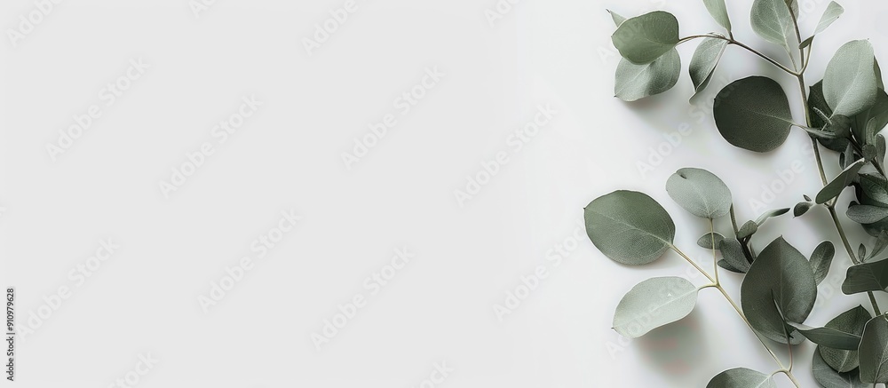 Leinwandbilder top down view of a chic notepad paper and green eucalyptus twig on a plain white backdrop creating a