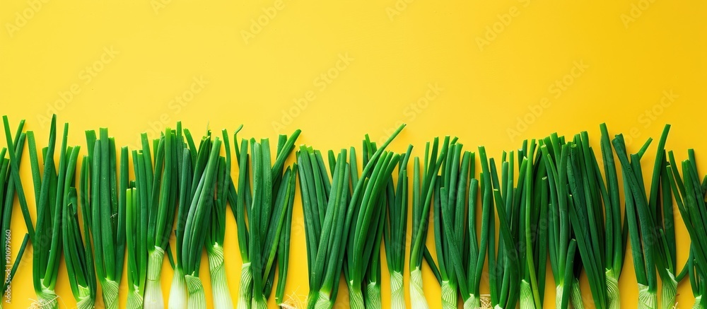 Poster copy space image with green onions set against a yellow backdrop