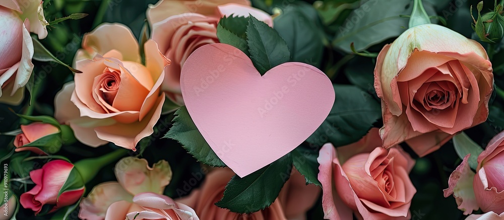 Fototapete A pink paper heart is nestled in a bunch of lovely roses creating a charming display that could be used as a copy space image