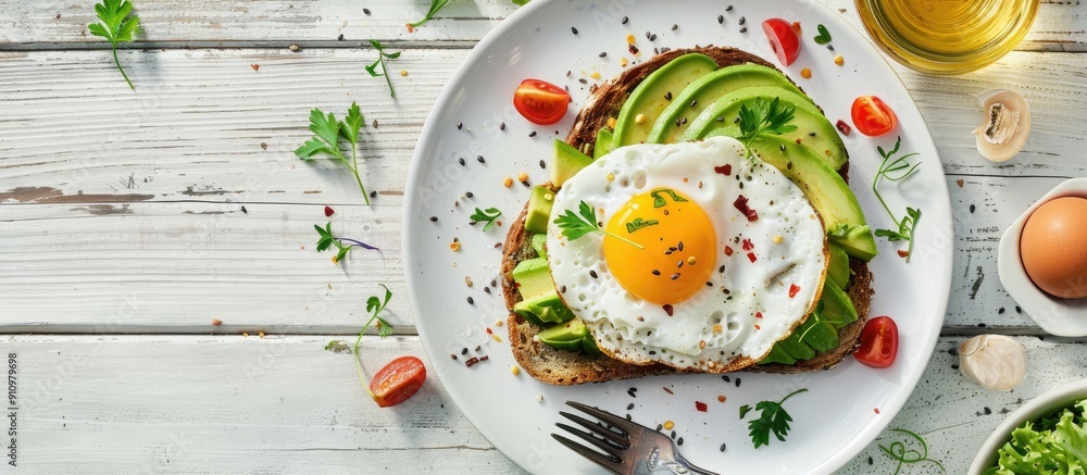 Poster healthy breakfast with avocado toast fried egg and whole grain bread presented on a white wooden sur