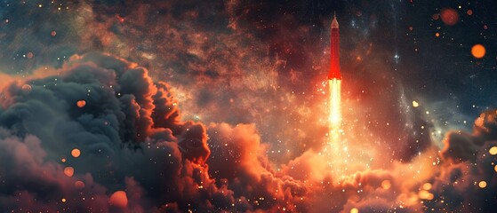 Art collage. Launch of a red rockets. Successful defeat competition concept 