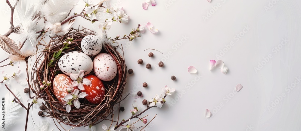 Poster easter themed nest with eggs feathers flowers on white background for a joyful easter celebration se