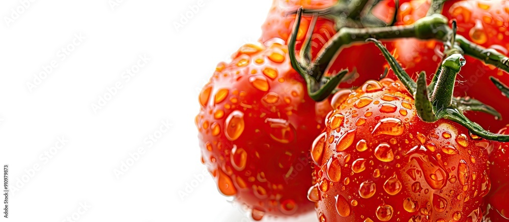 Poster close up view of fresh roma tomatoes with water drops isolated on a white background commonly known 