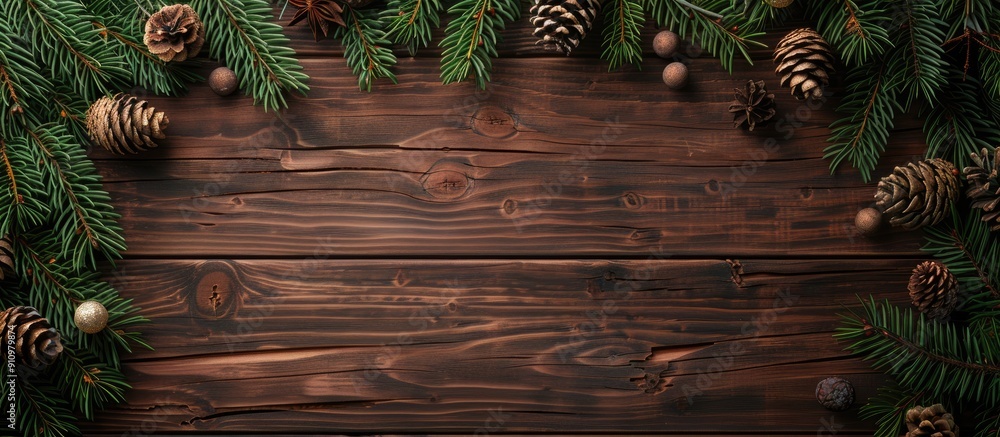 Aufkleber christmas winter mockup with evergreen fir branches pinecones and decorations on a wooden background
