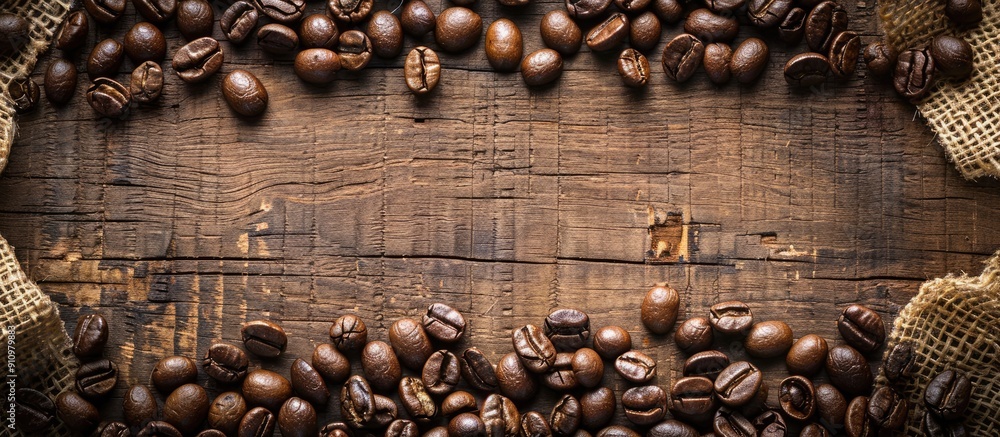 Poster Coffee beans displayed on a rustic wooden table with copy space image available