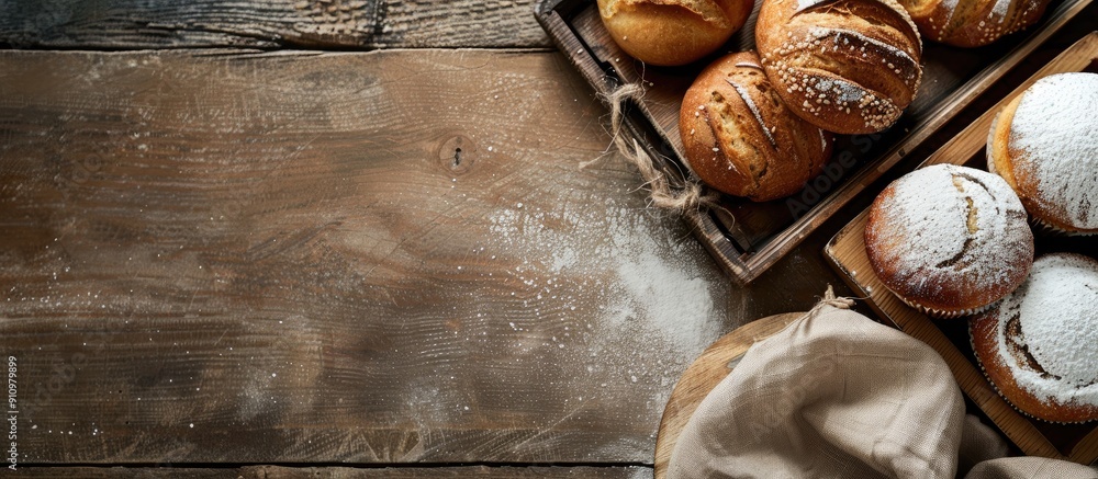 Poster Top down view of a wooden tray in a bakery setting perfect for a copy space image