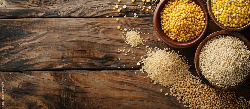 Poster top down view of millet and various cereals on a wooden surface with ample copy space image
