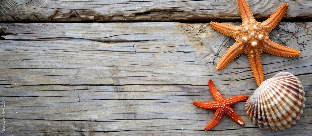 Poster sea shells and an orange sea star lying on a wooden surface with available copy space for an image