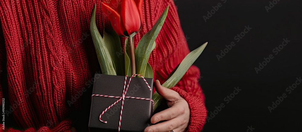 Poster a stylish man in a red cardigan poses with a gorgeous red tulip and a black gift box in the backgrou