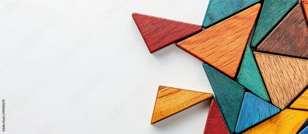 Poster colorful wooden tangram puzzle on a white background with a clear space for an image. copy space ava