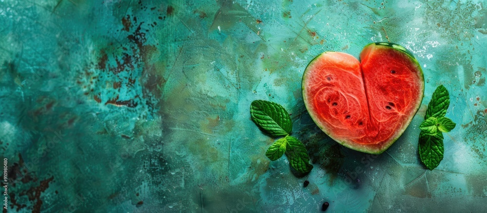 Poster Top view of a vibrant watermelon heart shape with mint leaves on a green surface creating a summer inspired copy space image with a watermelon pattern