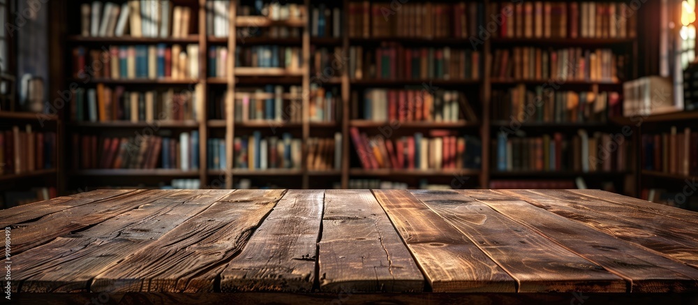 Aufkleber The wooden table is bare set against a blurred library backdrop offering ample copy space for showcasing products complemented by a lovely array of books