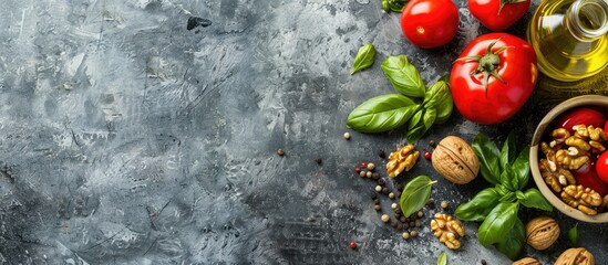 Fresh organic vegetables walnuts and olive oil on a stone cooking background featuring a healthy vegan food concept with available copy space image