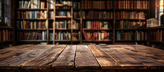 The wooden table is bare set against a blurred library backdrop offering ample copy space for showcasing products complemented by a lovely array of books