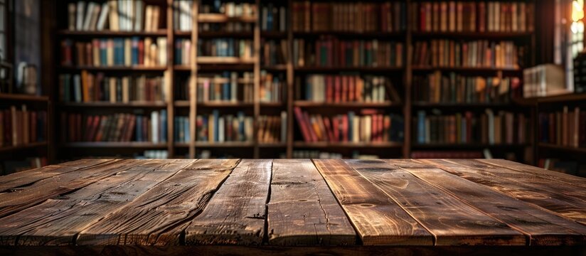 The wooden table is bare set against a blurred library backdrop offering ample copy space for showcasing products complemented by a lovely array of books